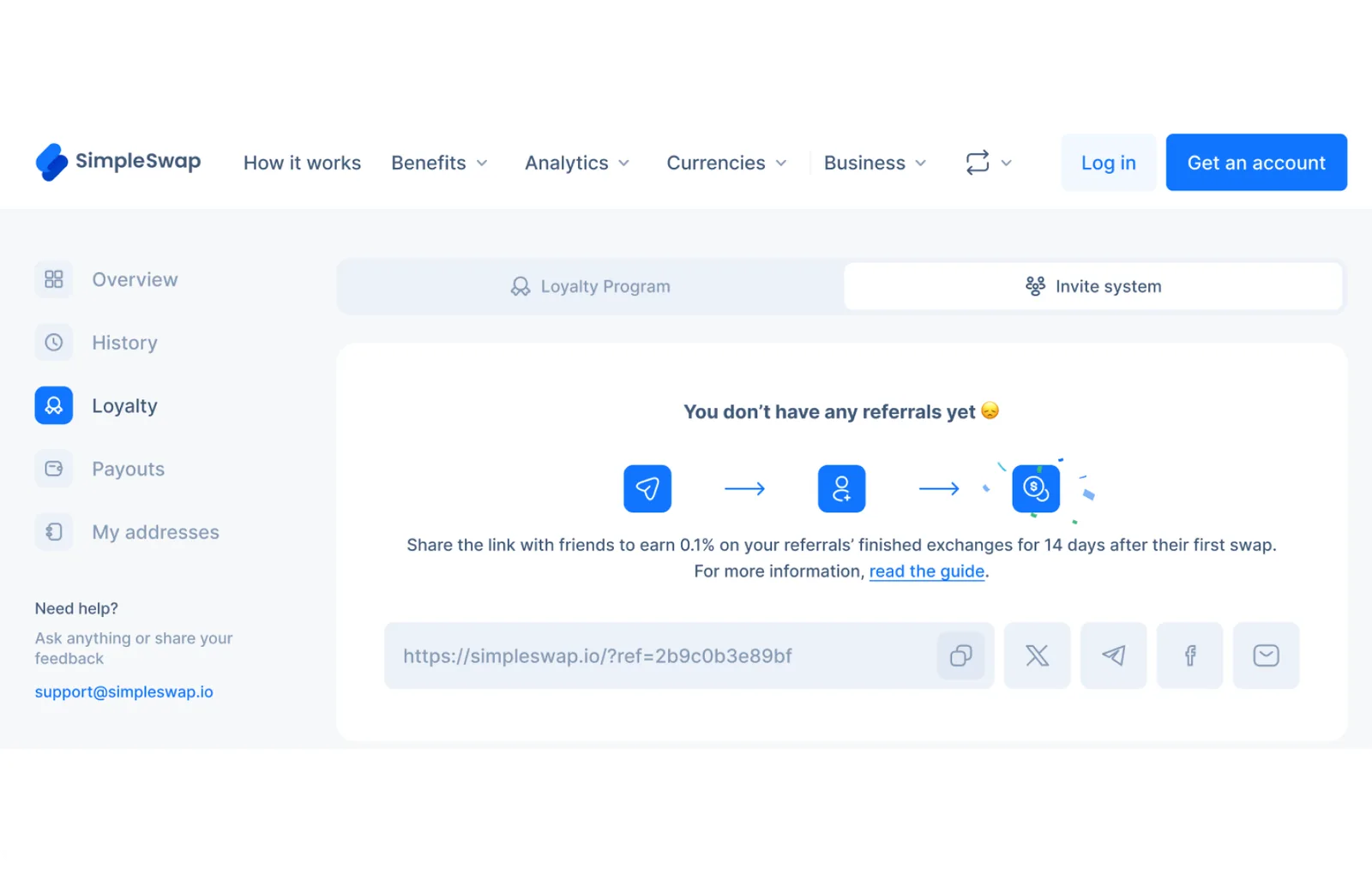 simpleswap invite system log in