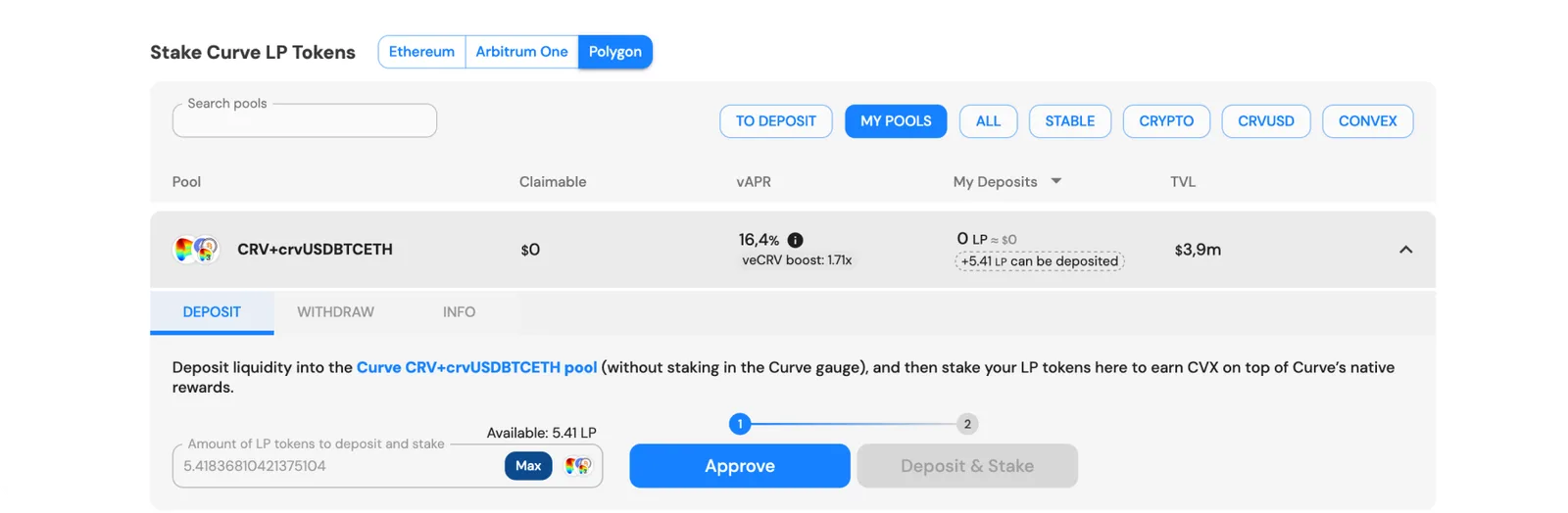 deposit liquidity curve lp tokens