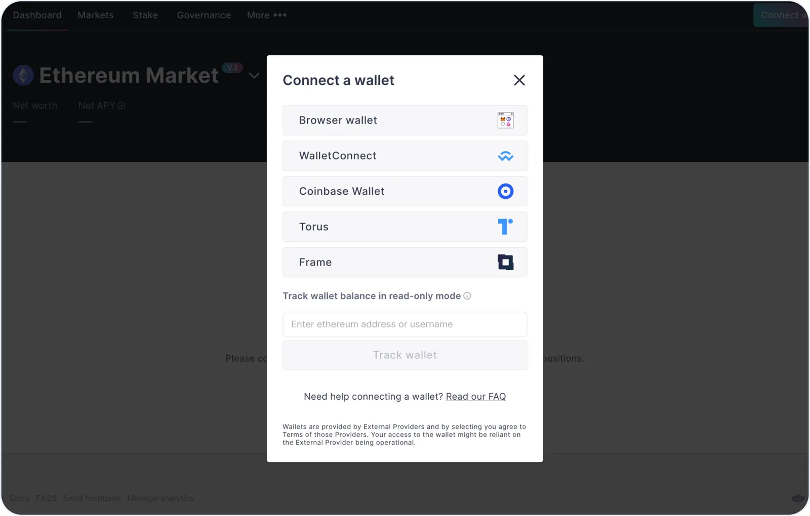 connect wallet aave