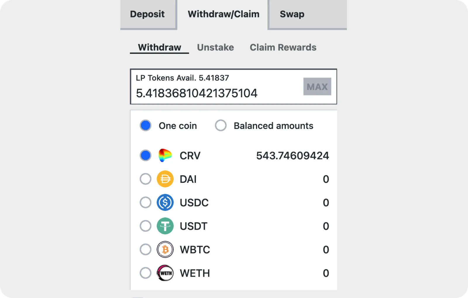curve withdraw tokens one coin