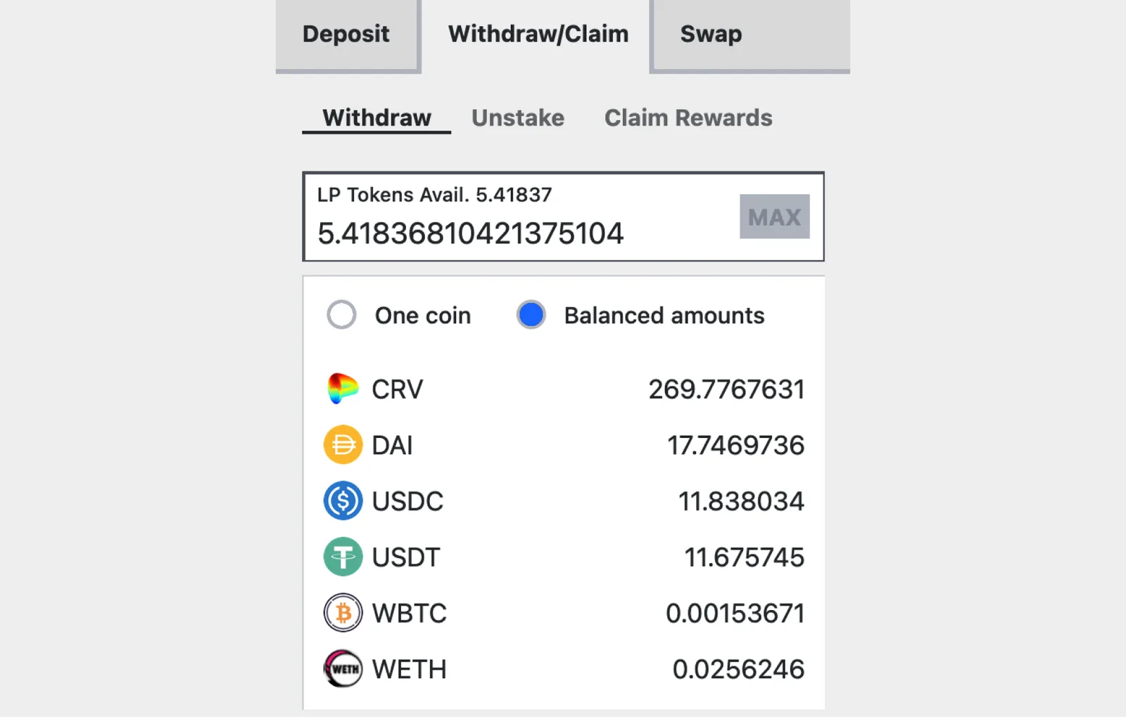 curve finance withdraw tokens balanced amounts