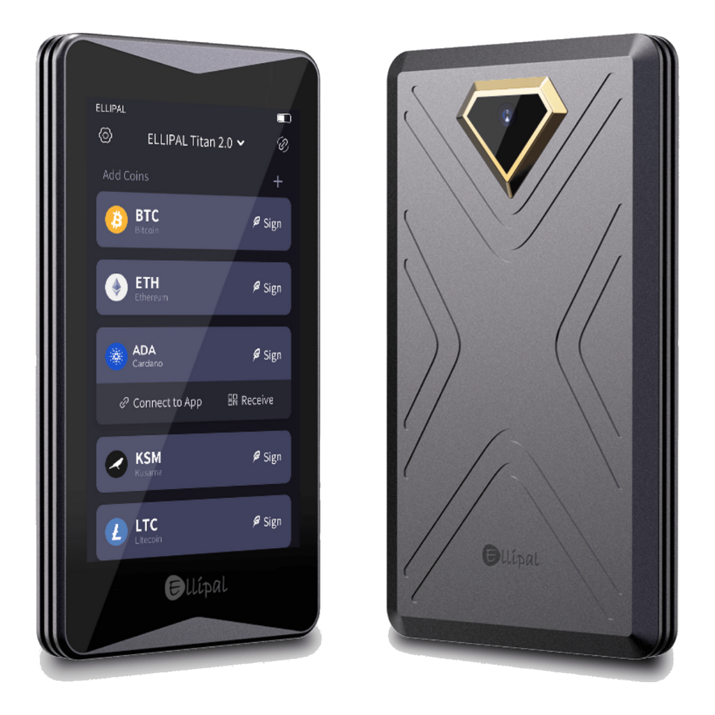 ELLIPAL Titan 2.0 air-gapped hardware wallet, front and metal back
